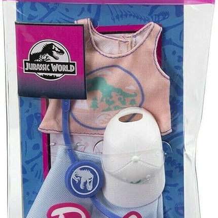 Barbie Doll Clothes Inspired by Jurassic World: Dominion, Complete Look with 2 Accessories, Pink Sleeveless Crop Top with Dinosaur Graphic & Blue Shorts, Fanny Pack & Hat, Gift for Kids 3 to 8 Years