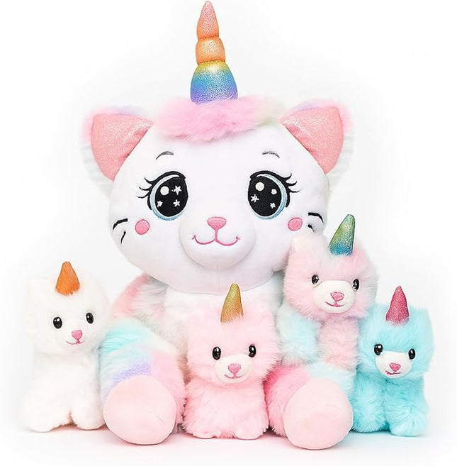 Chirpy Chums Dreamy Caticorn Family – 15” Magical Unicorn Cat Plush with 4 Kittens – Ultra-Soft Stuffed Animal, Zipper Belly Surprise – Magical Pillow Plushies, Big Plush Toy Gift for Kids Ages 3+