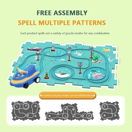 Toddler Construction Plate Set, Puzzle Racer Kids Car Track Set, Slot Car Race Track Sets, Learning Toy for Ages 3-5, 4 Themes (Dinosaur/Space/Ocean/Land) Creativity Development (5PCS, Ocean)