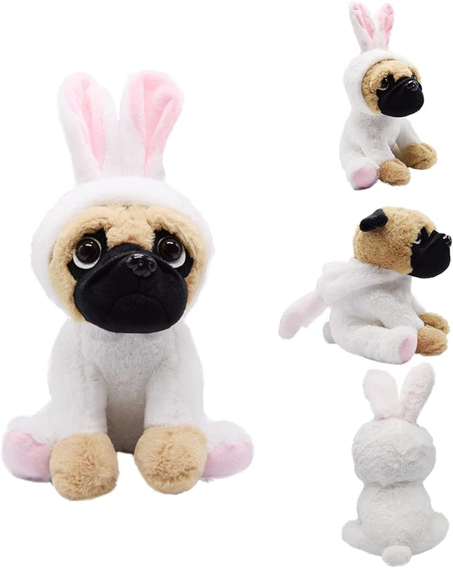 BABOLI Cuddly Pug Stuffed Animals Soft Toys with Adorable Bunny Costumes Super Cute Puppy Dog Plush Animal for Easter Basket and Birthday Gifts 10 Inches