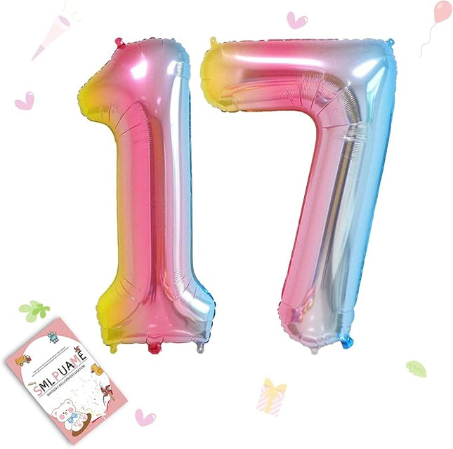 Smlpuame 40 Inch Number Balloons 0-9 Rainbow Gradient Large Number 17 Balloons, Digital Balloons for Birthday Party Celebration Decorations, Helium Foil Number Balloons for Wedding Anniversary