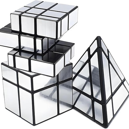 AI-YUN Speed Cube Set of 3 Pack, Mirror Cube Set of 2x2 3x3 Mirror and 3x3 Mirror Magic Tower Cube, Brian Teasers Puzzle Toys, Silver Sticker