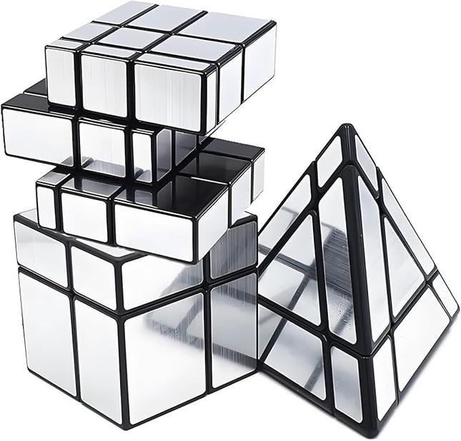 AI-YUN Speed Cube Set of 3 Pack, Mirror Cube Set of 2x2 3x3 Mirror and 3x3 Mirror Magic Tower Cube, Brian Teasers Puzzle Toys, Silver Sticker