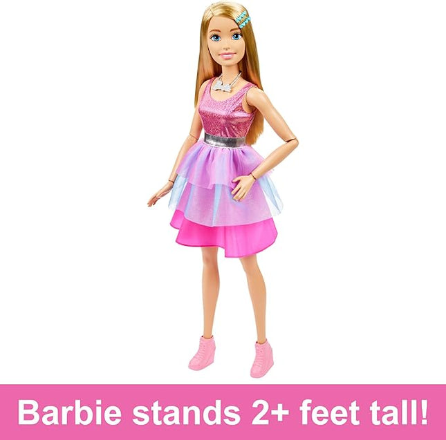 Large Barbie Doll with Blond Hair, 28 Inches Tall, Shimmery Pink Dress with Necklace and Hair Clip Accessories, HJY02