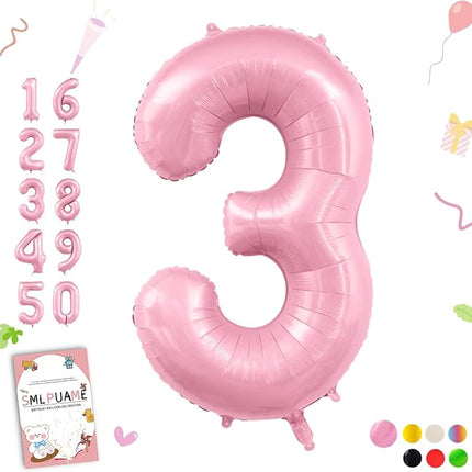 Smlpuame Pastel Pink 3 Balloons, 40 Inch Large Light Pink Foil Number Balloons 0-10, Self-Sealing 3rd Birthday Balloon for Girls Women Anniversary Baby Shower Princess Party Decorations Supplies