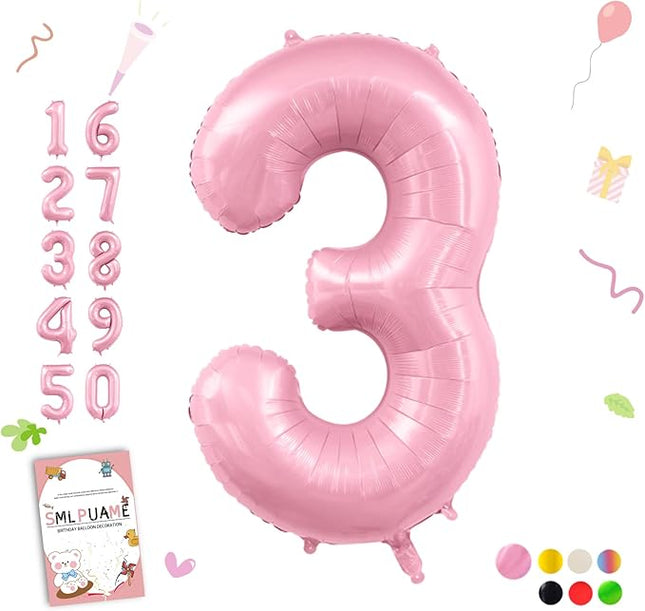 Smlpuame Pastel Pink 3 Balloons, 40 Inch Large Light Pink Foil Number Balloons 0-10, Self-Sealing 3rd Birthday Balloon for Girls Women Anniversary Baby Shower Princess Party Decorations Supplies