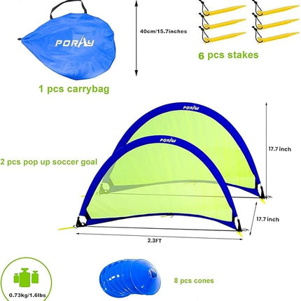 Poray Soccer Goal for Kid Easy-up Set of Two Portable Soccer Net 210D Oxford with 8 Field Marker Cones Extra Stakes Fun for Backyard and Soccer Training