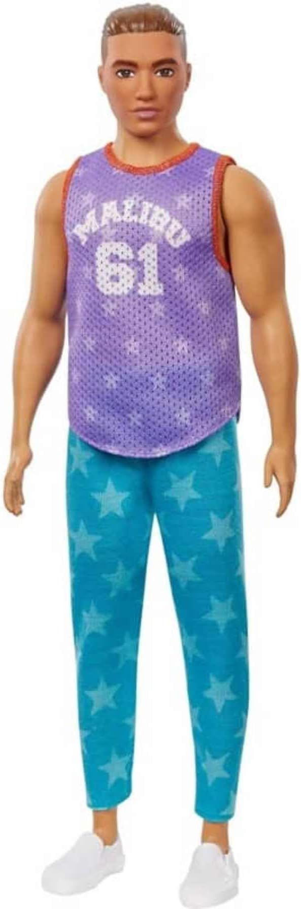 Barbie Ken Fashionistas Doll #165 with Sculpted Brown Hair Wearing Purple “Malibu” Top, Blue Starred Joggers & White Shoes, Toy for Kids 3 to 8 Years Old