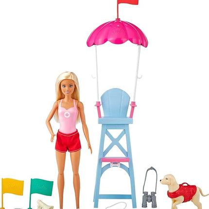 Barbie Careers Playset, Blonde Lifeguard Doll Wearing Removable Outfit with Dog, Chair & 5+ Accessories