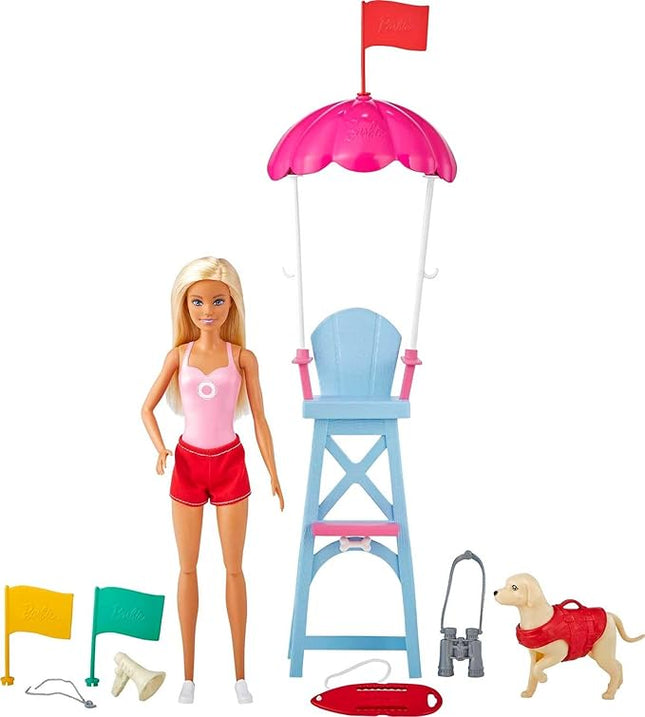 Barbie Careers Playset, Blonde Lifeguard Doll Wearing Removable Outfit with Dog, Chair & 5+ Accessories