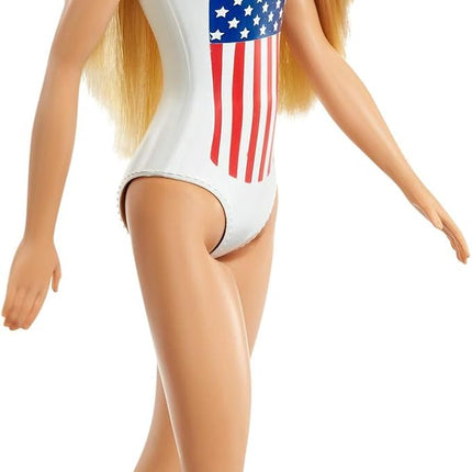 Barbie GPB17 Beach Blonde Doll One-Piece Swimsuit with American Flag Inspired Design for Children Toy