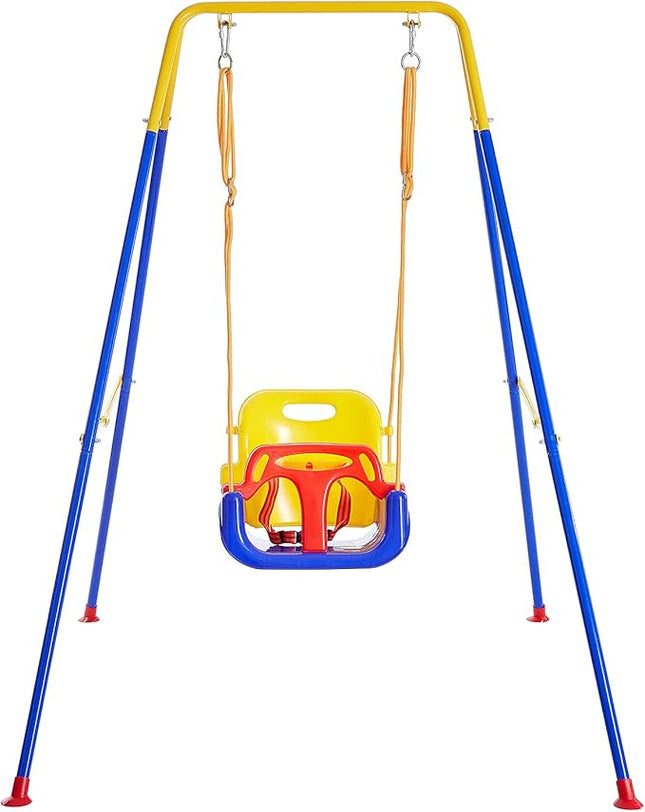 FUNLIO Toddler Swing with Foldable Metal Stand for Toddlers Aged 1~10 Years, 3-in-1 Baby Swing Set with 4 Sandbags for Backyard/Indoor/Outdoor Play, Easy to Assemble & Store