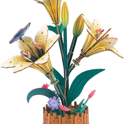 3D Wooden Flower Puzzles for Adults Lily, DIY Artificial Flower Building Set Wooden Bloom Craft Kits Home Decoration, for Women Mom Birthday Thanksgiving Christmas Valentine's Day