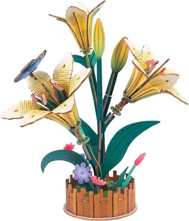 3D Wooden Flower Puzzles for Adults Lily, DIY Artificial Flower Building Set Wooden Bloom Craft Kits Home Decoration, for Women Mom Birthday Thanksgiving Christmas Valentine's Day