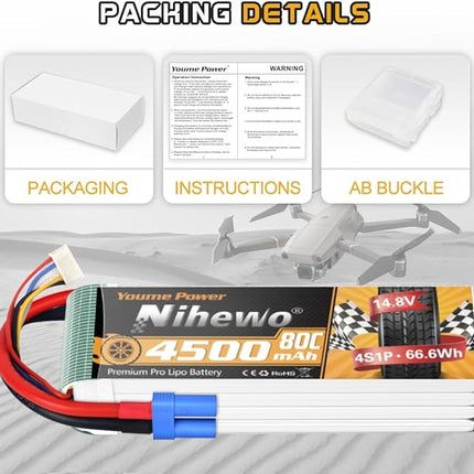 4S Lipo Battery 14.8V RC Battery 4500mAh 80C with EC5 Plug Compatible with 1/10 1/8 Scale RC Car Truck Vehicle Airplane Helicopter Boat Tank Models(2 Packs)