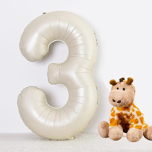 Smlpuame 40 Inch Beige Number 3 Balloons for 3rd Birthday Decorations Boys Girl, Giant Self-Sealing Cream Foil Number 0-10 White Sand Balloon for Women Men Party Anniversary Baby Shower Supplies