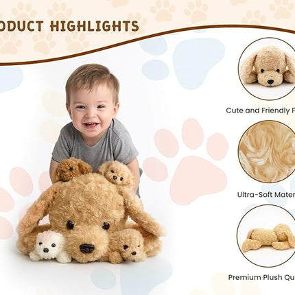 Chirpy Chums Classic Dog Family – Mommy Labradoodle with 4 Puppies – 17” Ultra-Soft Plush Stuffed Animal Toy – Zipper Belly Surprise for Cuddles, Play & Gifts – 5-Piece Puppy Set for Kids Ages 3+