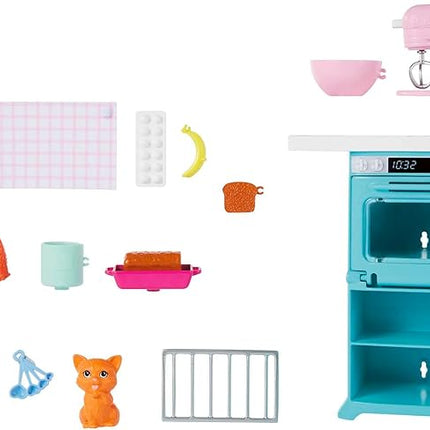 Barbie Baker Doll & Kitchen Playset with Oven, Spinning Mixer & 10+ Accessories, Includes Petite Brunette Fashion Doll, Pet Kitten & Baking Pieces