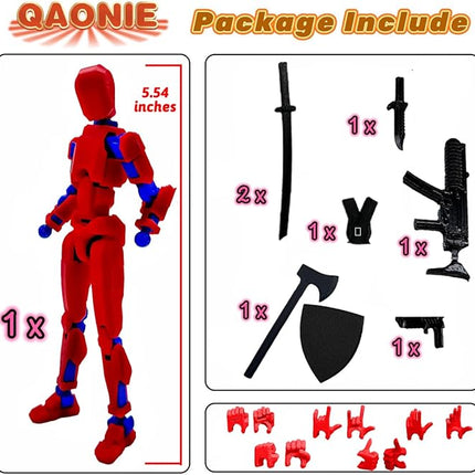 (Assembly Completed) 3D Printed Figure 5.54-inch Dummy13 with Weapon Expansion Set, Full Body Mechanical Movable Toy, Desk Decoration. (Red)