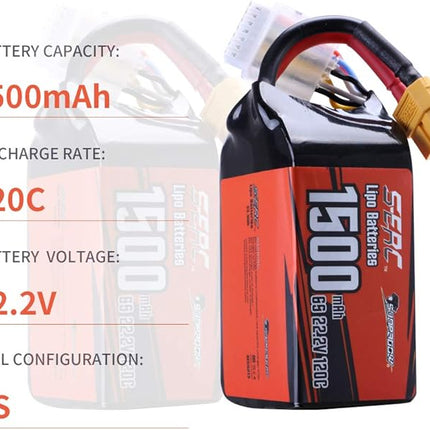 SUNPADOW 6S Lipo Battery 22.2V 120C 1500mAh with XT60 Connector Rechargeable for RC FPV Airplane Quadcopter Helicopter Drone (2 Count)