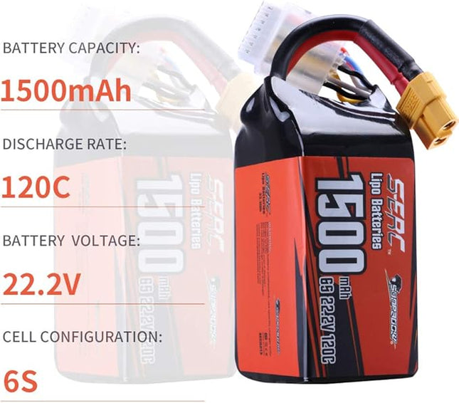 SUNPADOW 6S Lipo Battery 22.2V 120C 1500mAh with XT60 Connector Rechargeable for RC FPV Airplane Quadcopter Helicopter Drone (2 Count)