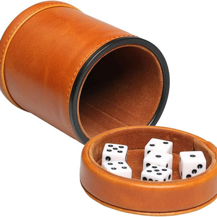 RERIVER Leatherette Dice Cup with Lid Includes 6 Dices, Velvet Interior Quiet in Shaking for Liars Dice Farkle Yahtzee Board Games, Brown