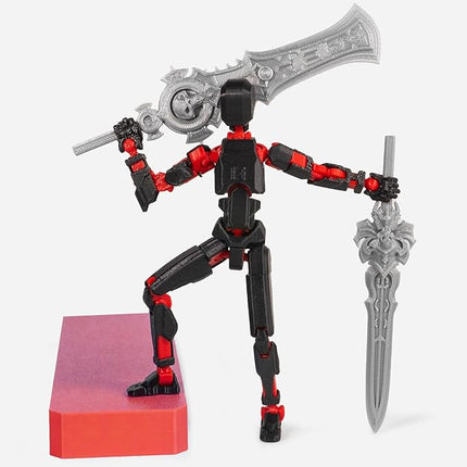 Pre-Assembly 3D Printed 5.54'' Dummy13 Action Figure, Multi-Jointed Tian13, Articulated T13 Desktop Decoration,12 in 1 Accessories, Best Birthday Festival Gift (Black+red)