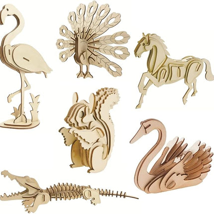 3D Wooden Wild Animal Puzzle - 6 Piece Set Wood Wild Animals Skeleton Assembly Model Kits - Wooden Crafts DIY Brain Teaser Puzzle - STEM 3D Puzzle Gifts for Adults & Teens