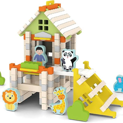 136PCS Wooden Building Blocks Set for Toddlers, Construction City Stacking Toys, Preschool Learning Educational Toys for Kids 3+ Years Girls and Boys (Zoo)