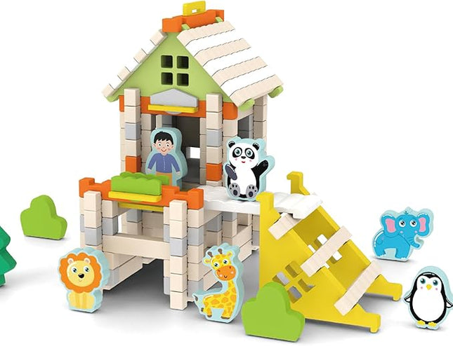 136PCS Wooden Building Blocks Set for Toddlers, Construction City Stacking Toys, Preschool Learning Educational Toys for Kids 3+ Years Girls and Boys (Zoo)