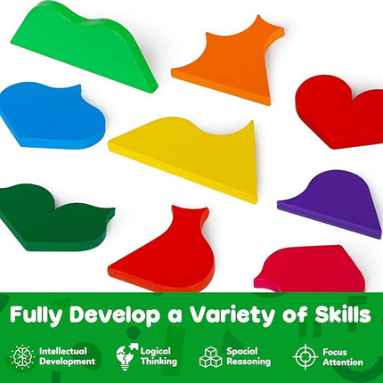 Skrtuan 5 Pack Wooden Puzzles Set - STEM Montessori Educational Board Games and Logic Traning Brain Teaser Geometric Shapes Tangram Puzzle Games for Kids Ages 3+