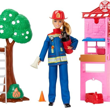 Barbie Careers Firefighter Doll & Playset with Fire Station & Tree, 2 Pets, Color-Change & 10+ Accessories Including Fire Extinguisher Squirt Toy