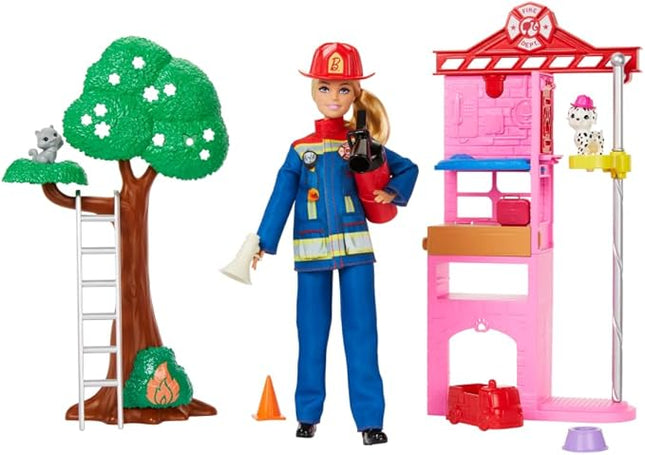 Barbie Careers Firefighter Doll & Playset with Fire Station & Tree, 2 Pets, Color-Change & 10+ Accessories Including Fire Extinguisher Squirt Toy