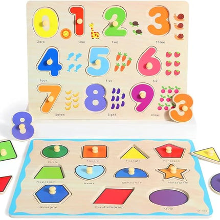 GRINNNIE Wooden Montessori Toddler Puzzles for 3 4 5 Years Old, 3 Pcs (Number, Letter, Shape) Kids Preschool Educational Peg Puzzle Set