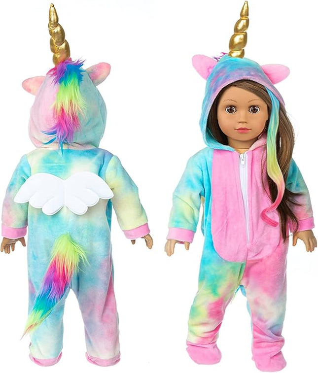 18 Inch Doll Clothes-Rainbow Unicorn Doll Costume Onesie Pajama with Hair Bows Little Angel Wings Fits 18 Inch Girl Doll Accessories