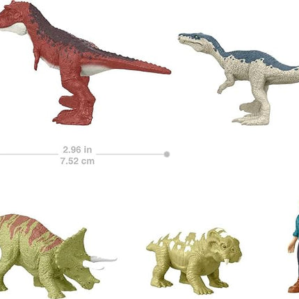 Mattel Jurassic World Dominion Carnotaurus Clash Pack, 5 Mini Toys Including 1 Human Figure & 4 Dinosaurs in Truck-Themed Package