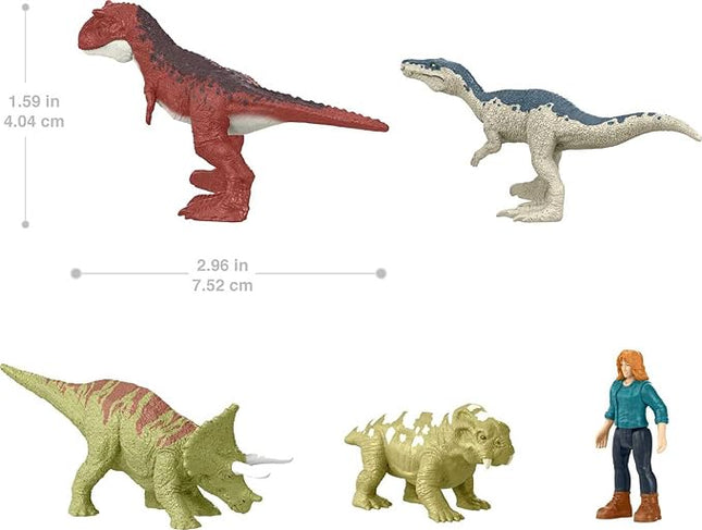Mattel Jurassic World Dominion Carnotaurus Clash Pack, 5 Mini Toys Including 1 Human Figure & 4 Dinosaurs in Truck-Themed Package
