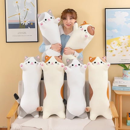 Cat Plush Stuffed Animals Cute Long Cat Body Pillow Plushies Soft Huggable Kitty Pillows for Girls Kids Adults Cat Lovers (New Beige, 27inch)