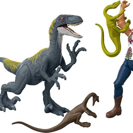 Mattel Jurassic World Camp Cretaceous Human & Dino Action Figure Pack with Sammy & Velociraptor Figures, Plus 2 Compys Smaller Dinosaurs, Collectible Toy Set