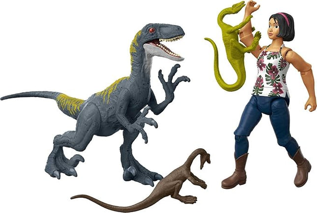 Mattel Jurassic World Camp Cretaceous Human & Dino Action Figure Pack with Sammy & Velociraptor Figures, Plus 2 Compys Smaller Dinosaurs, Collectible Toy Set
