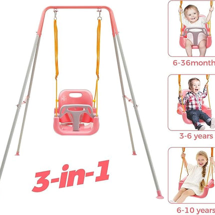 FUNLIO Toddler Swing with Foldable Metal Stand for Toddlers Aged 1~10 Years, 3-in-1 Baby Swing Set with 4 Sandbags for Backyard/Indoor/Outdoor Play, Easy to Assemble & Store, Pink