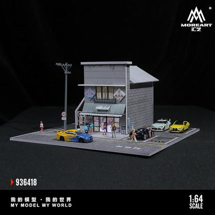 Japanese Candy House Scene Diorama 1:64 Scale with LED Lighting – Diecast Car Display Case for Hot Wheels, MiniGT, Matchbox, Initial D – Acrylic Cover Model Car Garage – 30x30x15.6 cm