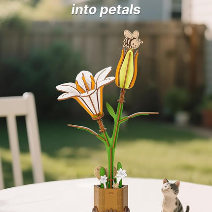 KAAYEE Wooden 3D Flower Puzzles for Adults-WhiteLily, Wooden Flowers Model Kit Set DIY Crafts to Build, Mother's Day/Botanical Collection/Ideal Creative Gift Ideas/Housewarming