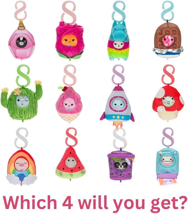 Squishville by Original Squishmallows Style & Play Clips - 4 Pack Mystery Bundle - Clip-On and Link Together - 12 Possibilities Chosen at Random