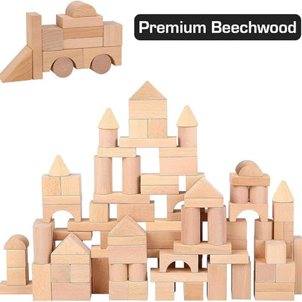 Pidoko Kids Wooden Blocks - 100 Pcs - Building Blocks for Toddlers - Includes Storage Container with Shape Sorter Lid - Natural Beech Wood Blocks - Preschool Learning Toys Stacking Block