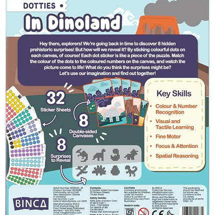 BINCA Dotties Dot Art Activity Kit, 1500+ Stickers, 8 Dinosaurs Mess-Free Activities, DIY Dot Sticker Art for Toddlers, Kids Travel Activities, Craft Kits & Gifts for Girls Ages 4,5,6,7
