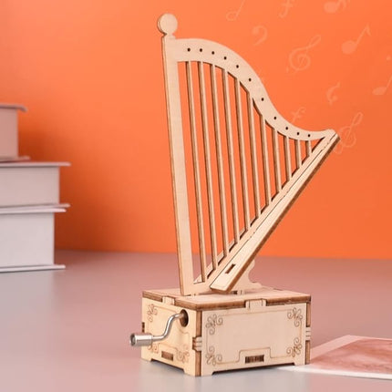 3D Wooden Puzzle Music Box Harp Hand Crank Music Box Teaser Science and Education Education DIY Kits 3D Puzzles for Adults (Harp)