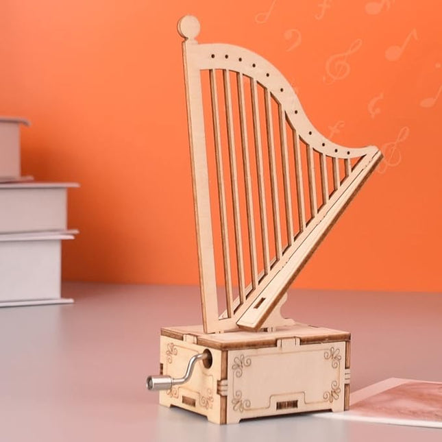 3D Wooden Puzzle Music Box Harp Hand Crank Music Box Teaser Science and Education Education DIY Kits 3D Puzzles for Adults (Harp)