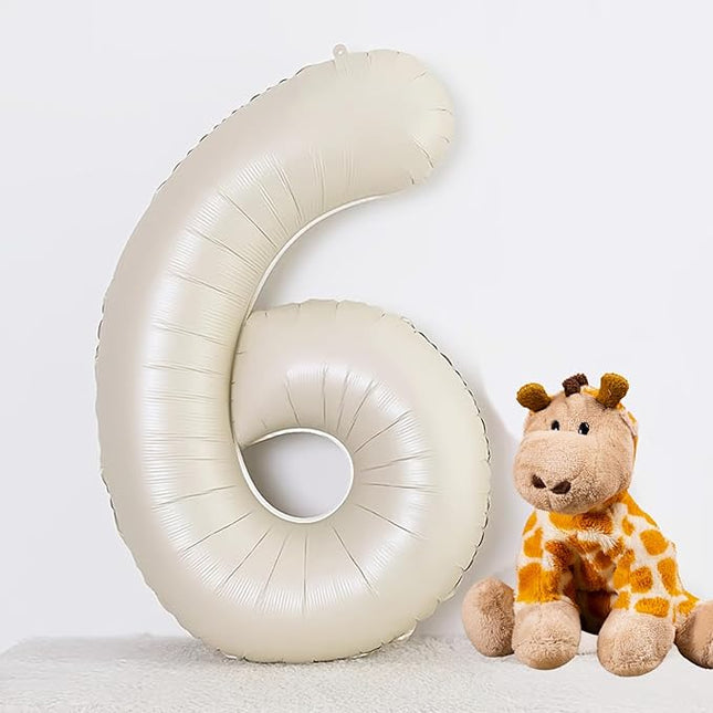 Smlpuame 40 Inch Beige Number 6 Balloons for 6th Birthday Decorations Boys Girl, Giant Self-Sealing Cream Foil Number 0-10 White Sand Balloon for Women Men Party Anniversary Baby Shower Supplies