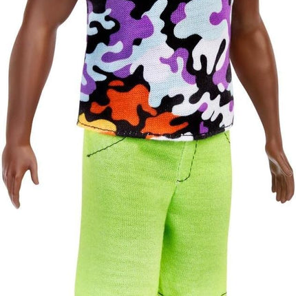 Barbie Fashionistas Ken Doll #123, Broad with Black Curly Hair Wearing Multi-Colored Camo Print Shirt, Neon Green Shorts & Silvery Sneakers